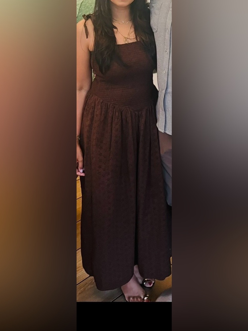 Wayf Smocked Tie-Strap Eyelet Midi Dress in Brown